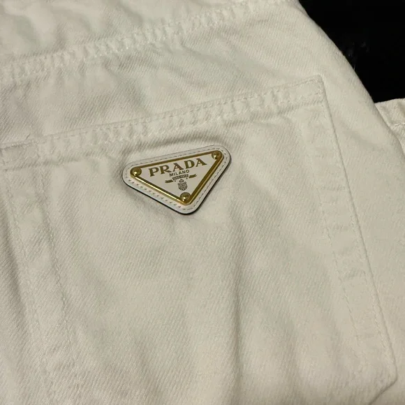 Prada White Jeans with Gold Triangle Logo - Picture 3 of 10